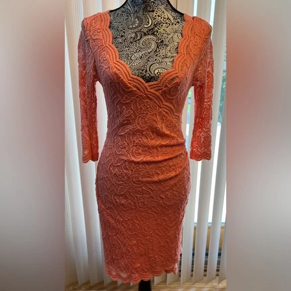 Suzy Shirt, salmon-peach mini lace dress, size M
